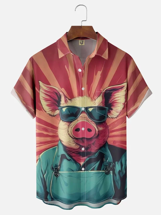 Moisture-wicking Chef Pig Chest Pocket Casual Shirt