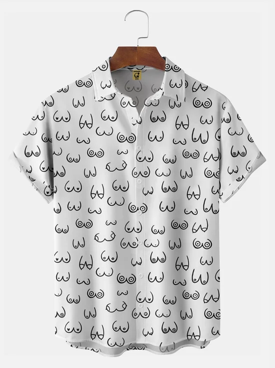 Big Size Moisture-wicking Art Abstract Boobs Line Drawing Chest Pocket Hawaiian Shirt