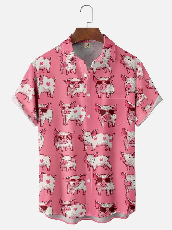 Moisture-wicking Cute Pig Chest Pocket Casual Shirt