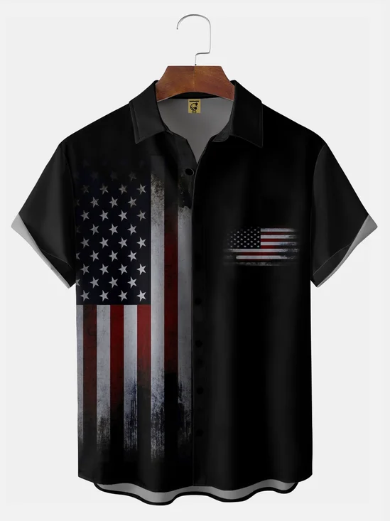 Big Size Moisture-wicking American Flag Chest Pocket Bowling Shirt