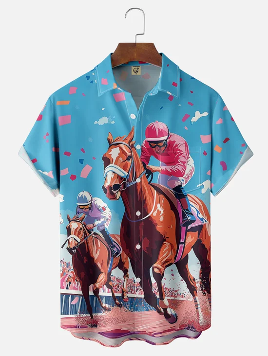 Tall Size Moisture-wicking Kentucky Derby Race Day Horse Chest Pocket Casual Shirt