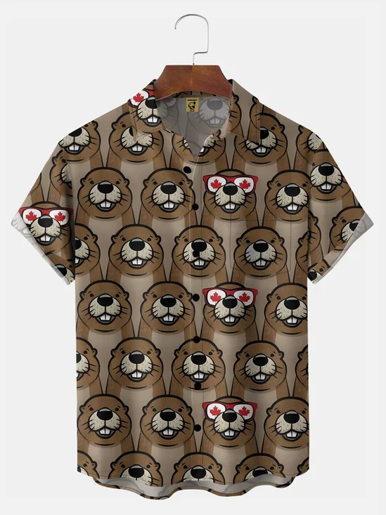 Big Size Moisture-wicking Canada Day Beaver Chest Pocket Casual Shirt