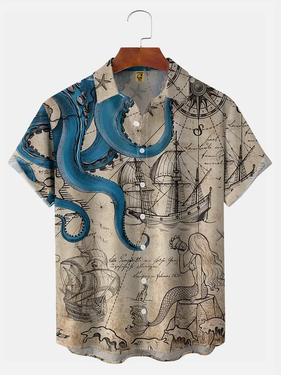 Big Size Moisture Wicking Hawaiian Octopus Map Chest Pocket Casual Shirt
