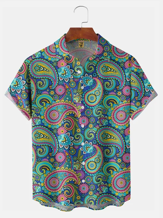 Big Size Moisture Wicking Paisley Chest Pocket Hawaiian Shirt