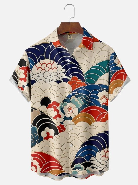 Moisture-wicking Vintage Japanese Floral Wave Ukiyo-e Art Chest Pocket Casual Shirt