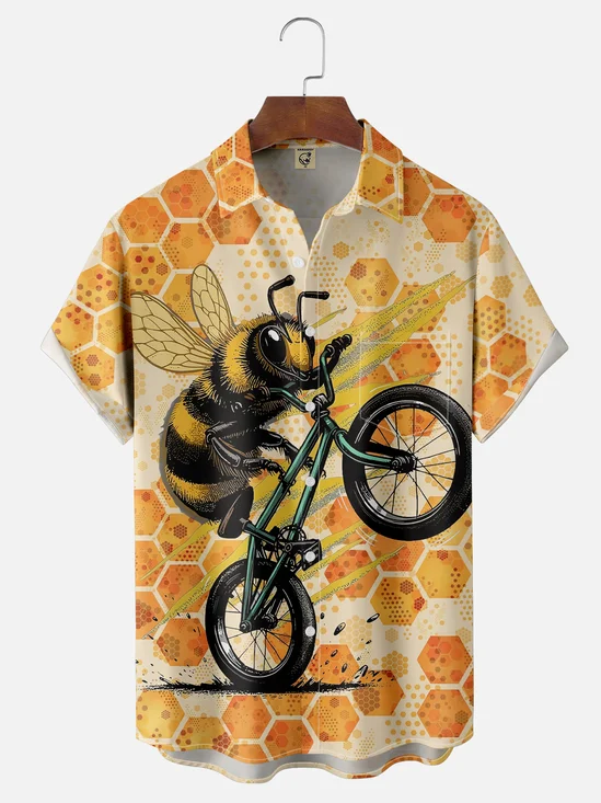 Moisture-wicking Bee Hive Motorcycle Chest Pocket Casual Shirt