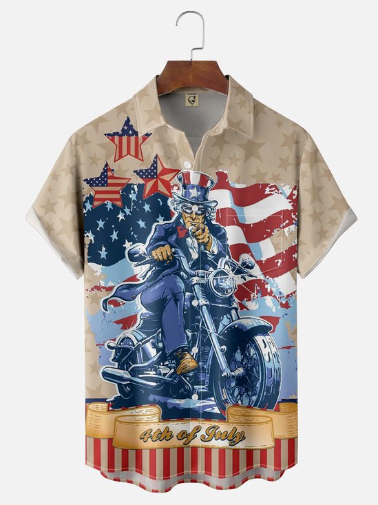 Moisture-wicking Independence Day American Flag Motorcycle Chest Pocket Casual Shirt