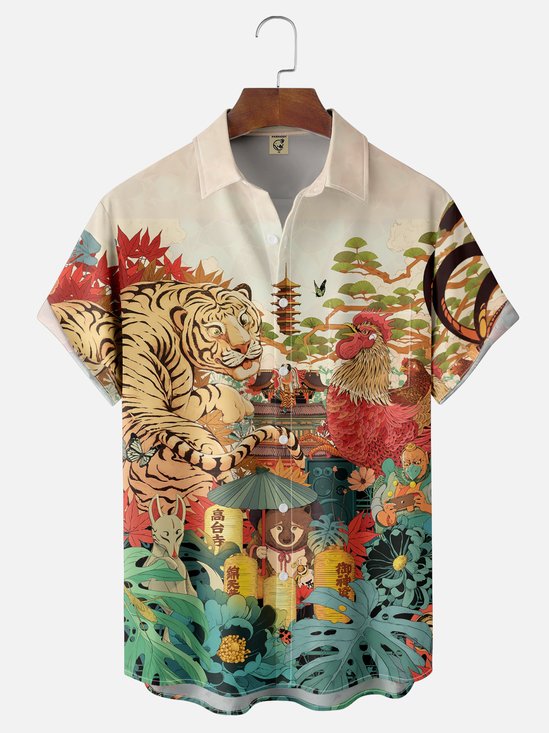 Moisture-wicking Tiger Rooster Japanese Culture Chest Pocket Casual Shirt