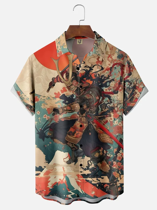 Moisture-wicking Samurai Mount Fuji Ukiyoe Chest Pocket Casual Shirt