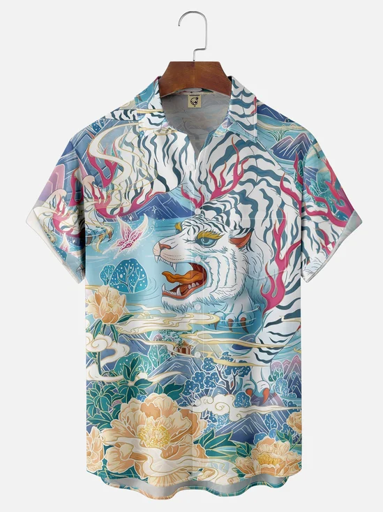 Moisture-wicking Tiger Ukiyoe Chest Pocket Casual Shirt