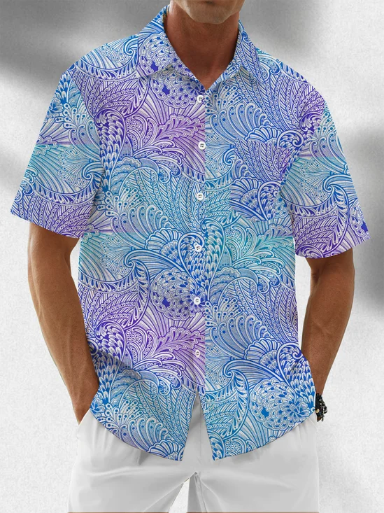 Moisture Wicking Gradient Botanical Print Chest Pocket Hawaiian Shirt