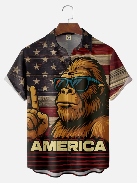 Big Size Moisture-wicking Independence Day Bigfoot American Flag Chest Pocket Casual Shirt
