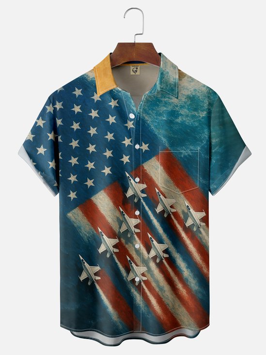 Tall Size Moisture-wicking American Flag Funny Landscape Beach Stars and Stripes Chest Pocket Casual Shirt