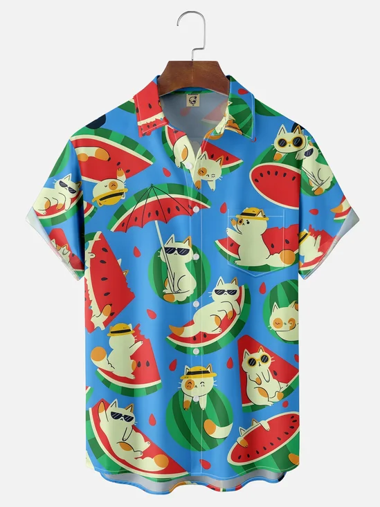 Moisture-wicking Watermelon Cat Chest Pocket Hawaiian Shirt