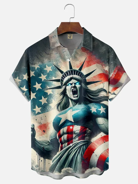 Moisture Wicking American Flag Statue of Liberty Chest Pocket Hawaiian Shirt