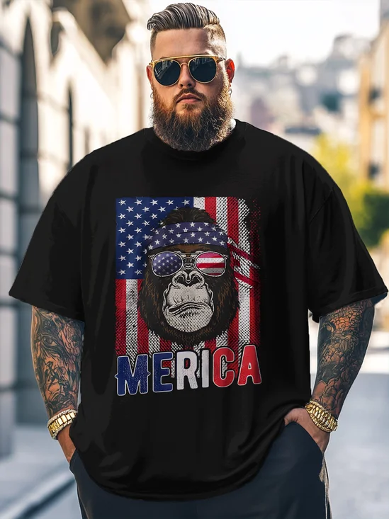 Big Size Men's Ape Man American Flag MERICA Loose T-shirt