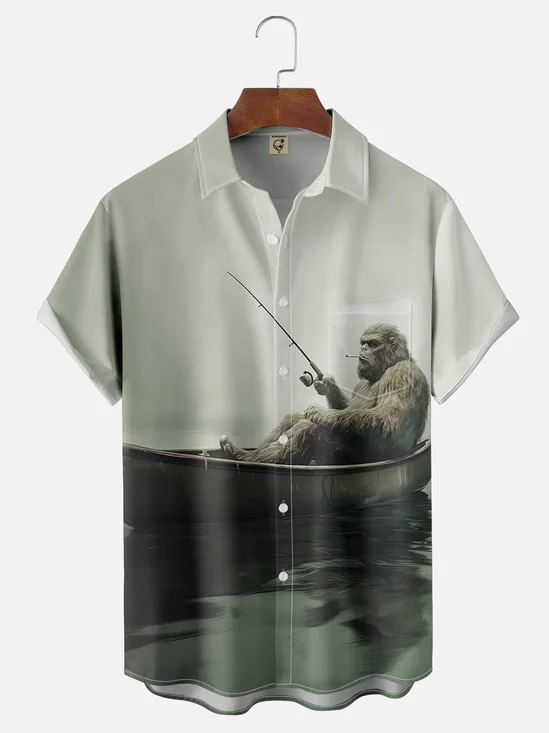 Moisture-wicking Fun Bigfoot Sea Fishing Chest Pocket Hawaiian Shirt