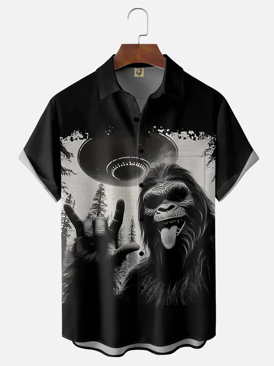 Moisture Wicking Alien Spaceship Bigfoot Chest Pocket Hawaiian Shirt