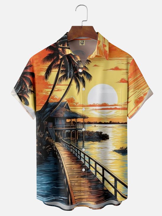 Moisture-wicking Sunset Gold Beach Chest Pocket Hawaiian Shirt