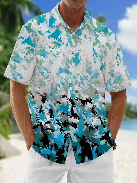Moisture Wicking Geometric Color Block Chest Pocket Hawaiian Shirt