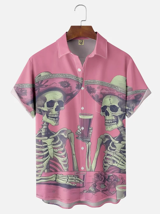 Moisture-wicking Funny Beer Skull Chest Pocket Casual Shirt