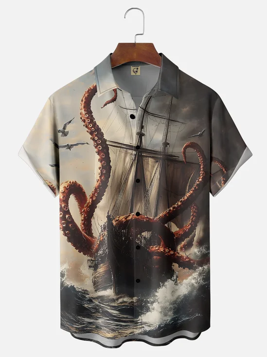 Moisture-wicking Octopus Cthulhu Pirate Chest Pocket Hawaiian Shirt
