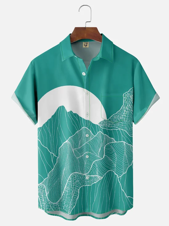 Hardaddy x Stephen Wade Moisture Wicking Card Stripes Landscape Mountains Chest Pocket Hawaiian Shirt