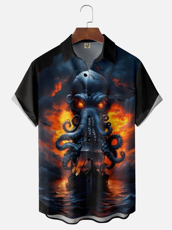 Moisture-wicking Pirate Ship Octopus Chest Pocket Casual Shirt