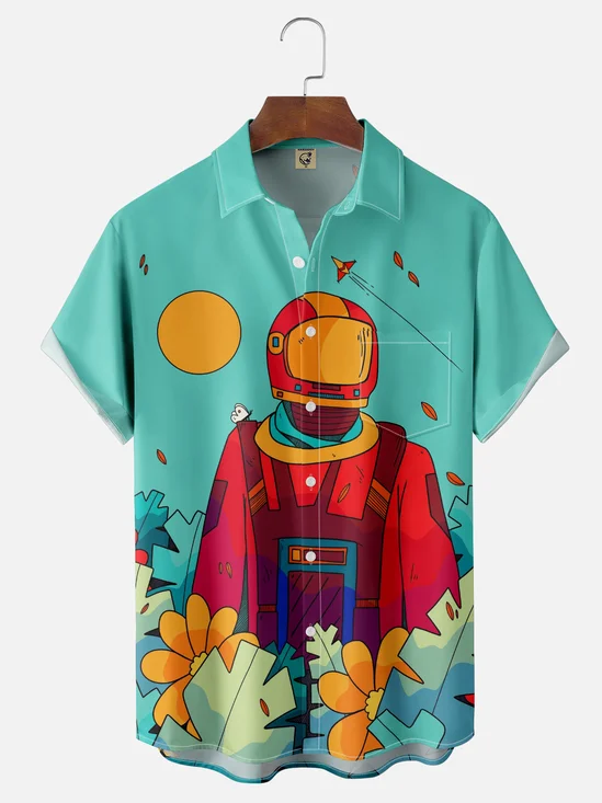 Hardaddy x Stephen Wade Moisture Wicking Astronaut Tropical Plants Chest Pocket Hawaiian Shirt