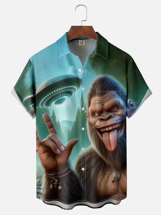 Moisture-wicking Bigfoot and UFO Chest Pocket Casual Shirt