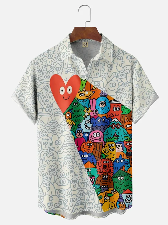 Moisture-wicking Heart Cartoon Chest Pocket Casual Shirt