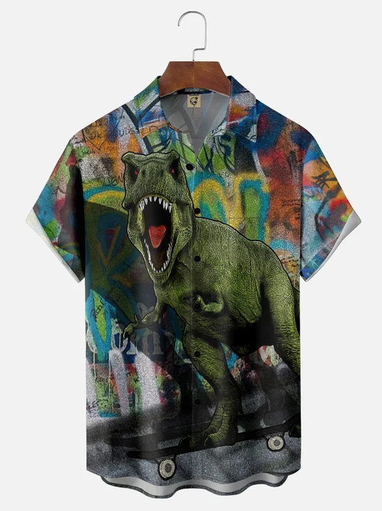 Hardaddy X Valentina Bjekovic Moisture Wicking Dinosaur Chest Pocket Hawaiian Shirt