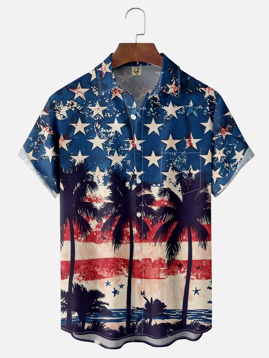 Tall Size Moisture-wicking American Flag Palm Tree Chest Pocket Hawaiian Shirt