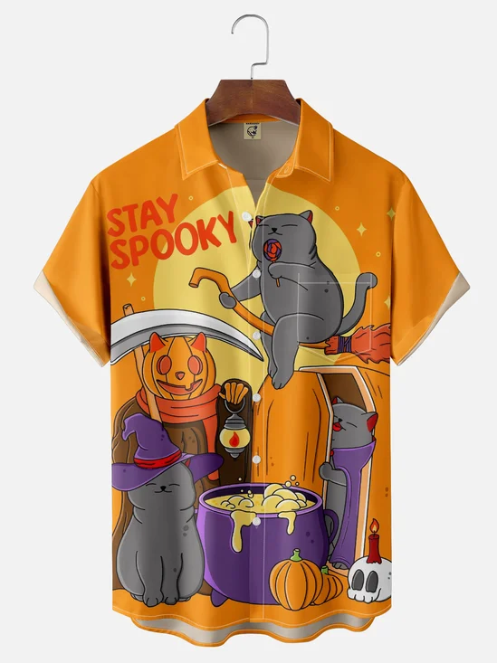 Hardaddy X Kimprut Imut Moisture-wicking Halloween Cats Chest Pocket Hawaiian Shirt