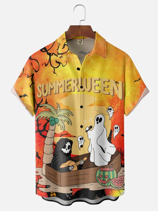 Hardaddy X Kimprut Imut Moisture Wicking Halloween Skull Ghost Chest Pocket Hawaiian Shirt
