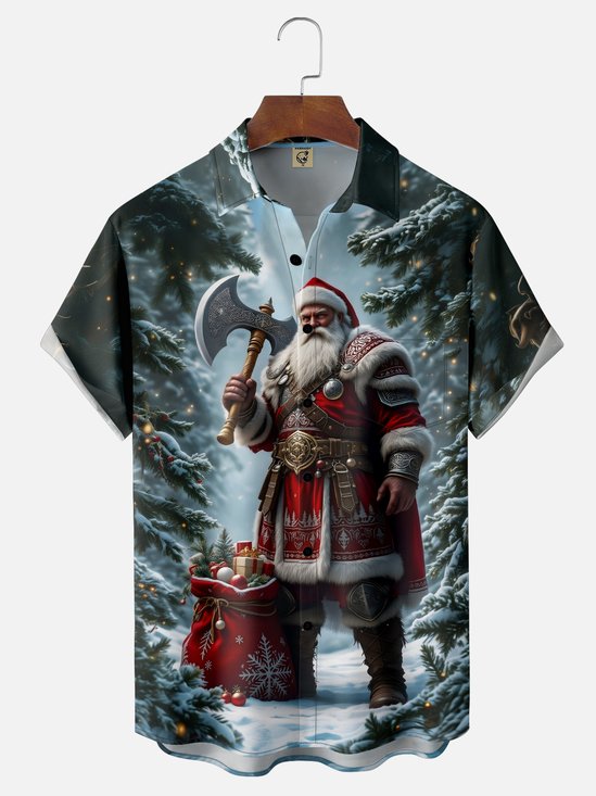 Moisture-wicking Christmas Santa Claus Chest Pocket Casual Shirt