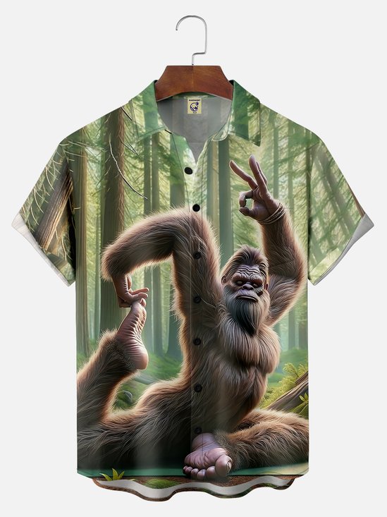 Big Size Moisture-wicking Bigfoot Yoga Fun Forest Chest Pocket Hawaiian Shirt