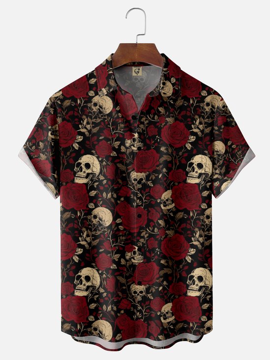 Moisture Wicking Rock Skull Rose Chest Pocket Hawaiian Shirt