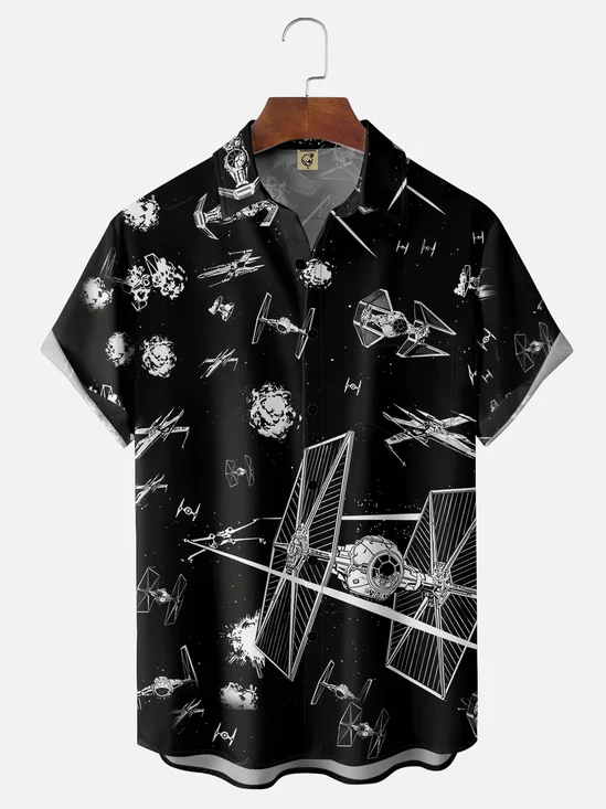 Tall Size Moisture-wicking Spaceship Wars Chest Pocket Hawaiian Shirt