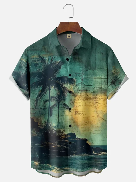 Tall Size Moisture Wicking Vintage Distressed Map Coconut Tree Chest Pocket Hawaiian Shirt