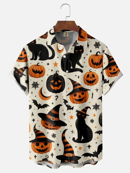 Moisture-wicking Halloween Black Cat Pumpkin Chest Pocket Casual Shirt