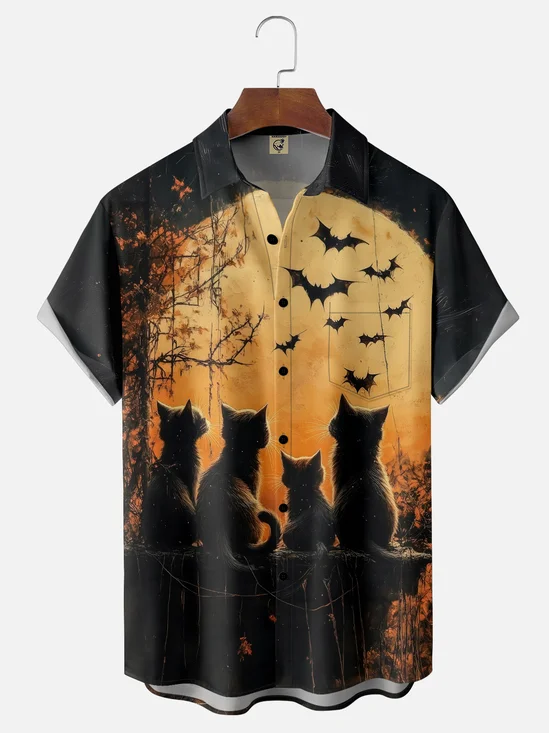 Moisture-wicking Halloween Cats Chest Pocket Casual Shirt