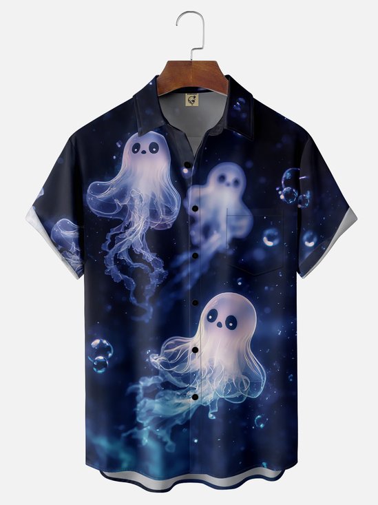 Moisture-Wicking Halloween Ghost Chest Pocket Hawaiian Shirt