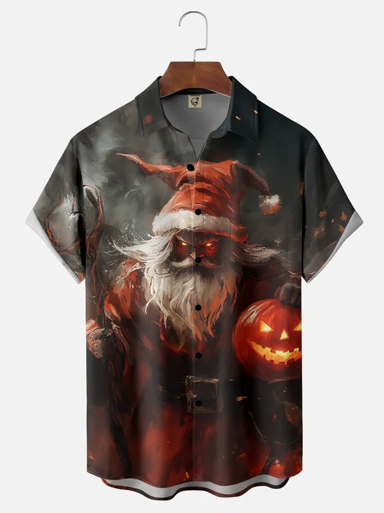 Moisture-Wicking Halloween Santa Pumpkin Chest Pocket Hawaiian Shirt