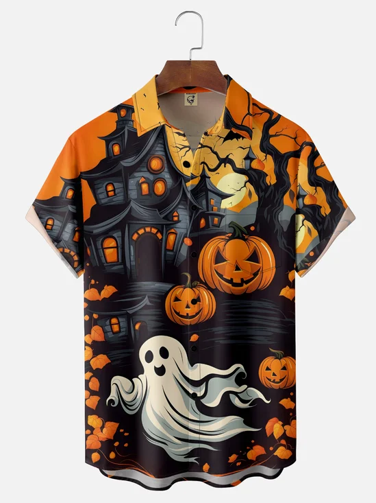 Moisture-wicking Halloween Ghost Chest Pocket Casual Shirt