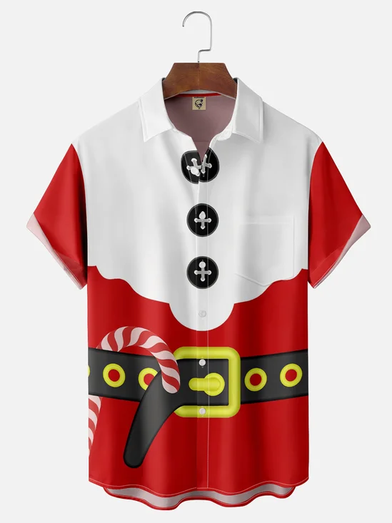 Moisture-Wicking Christmas Wear Candy Cane Chest Pocket Hawaiian Shirt