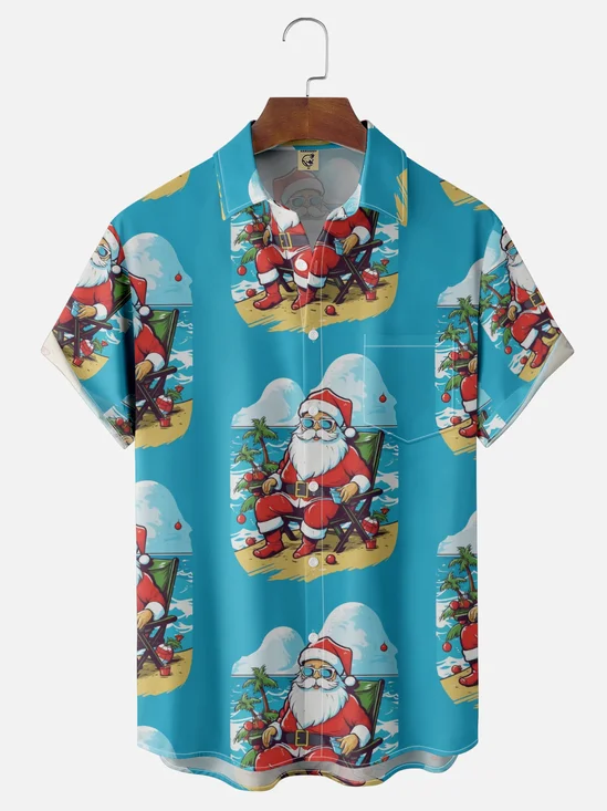 Moisture-Wicking Christmas Santa Claus Christmas Tree Beach Vacation Chest Pocket Hawaiian Shirt