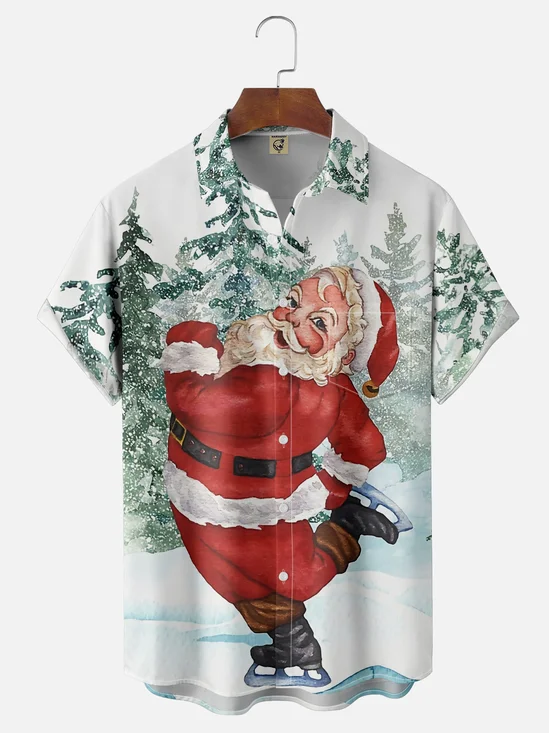 Moisture-Wicking Christmas Santa Skating Chest Pocket Hawaiian Shirt