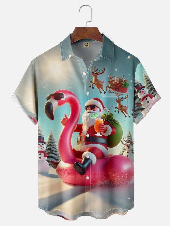 Moisture-wicking Christmas Santa Claus Flamingo Chest Pocket Casual Shirt