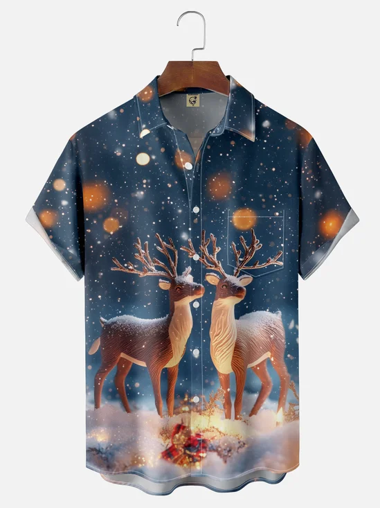 Moisture-wicking Christmas Reindeer Chest Pocket Casual Shirt